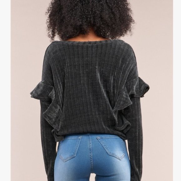 (NWT) Ruffle Trim V-Neck Sweater - Dark Grey - Picture 5 of 5